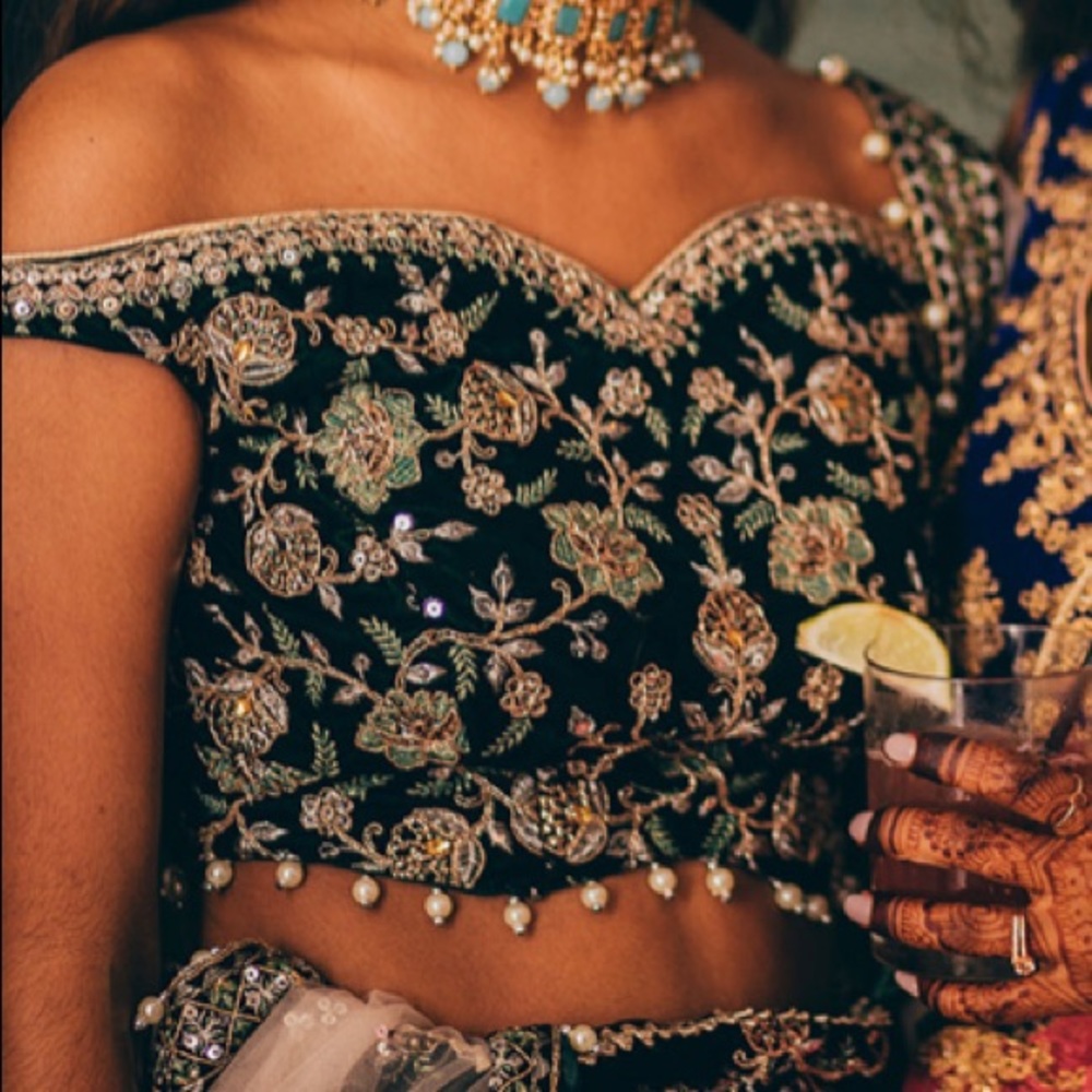 Velvet green lehenga stitched
